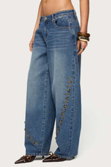 Button Stitch Low Rise Barrel Jeans