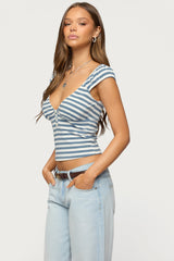 Aina Striped V Neck Henley Top