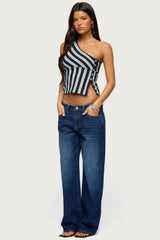 Button Striped One Shoulder Top