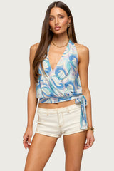 Abstract Backless Tie Halter Top