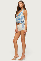 Abstract Backless Tie Halter Top