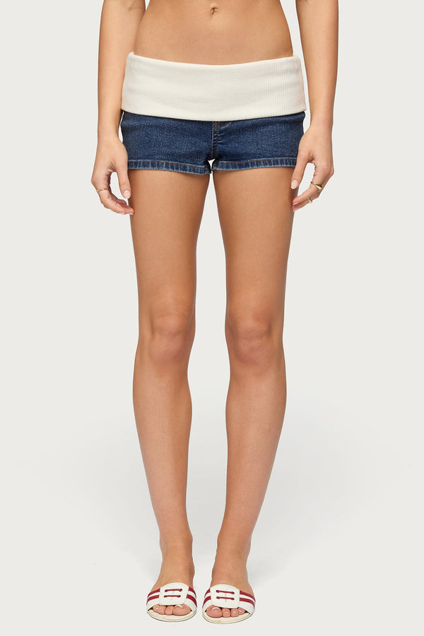 Contrast Foldover Denim Micro Shorts