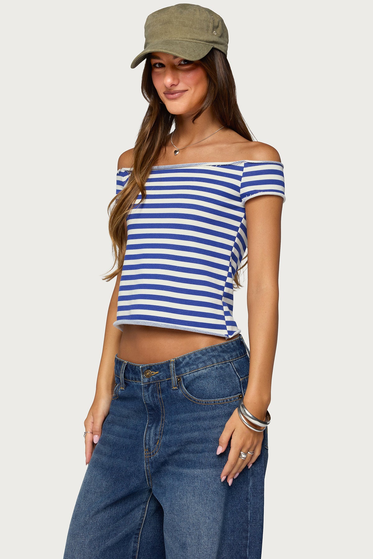French Terry Striped Off Shoulder Top