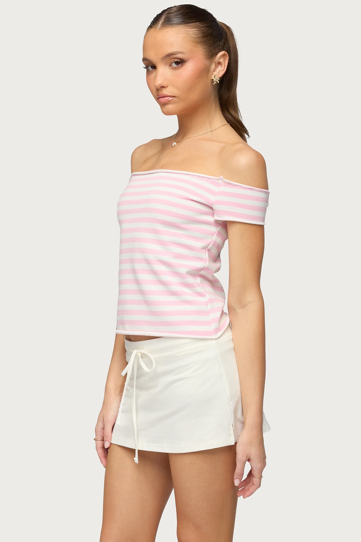 French Terry Striped Off Shoulder Top