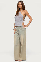 Thaly Backless Sequin Crochet Halter Top