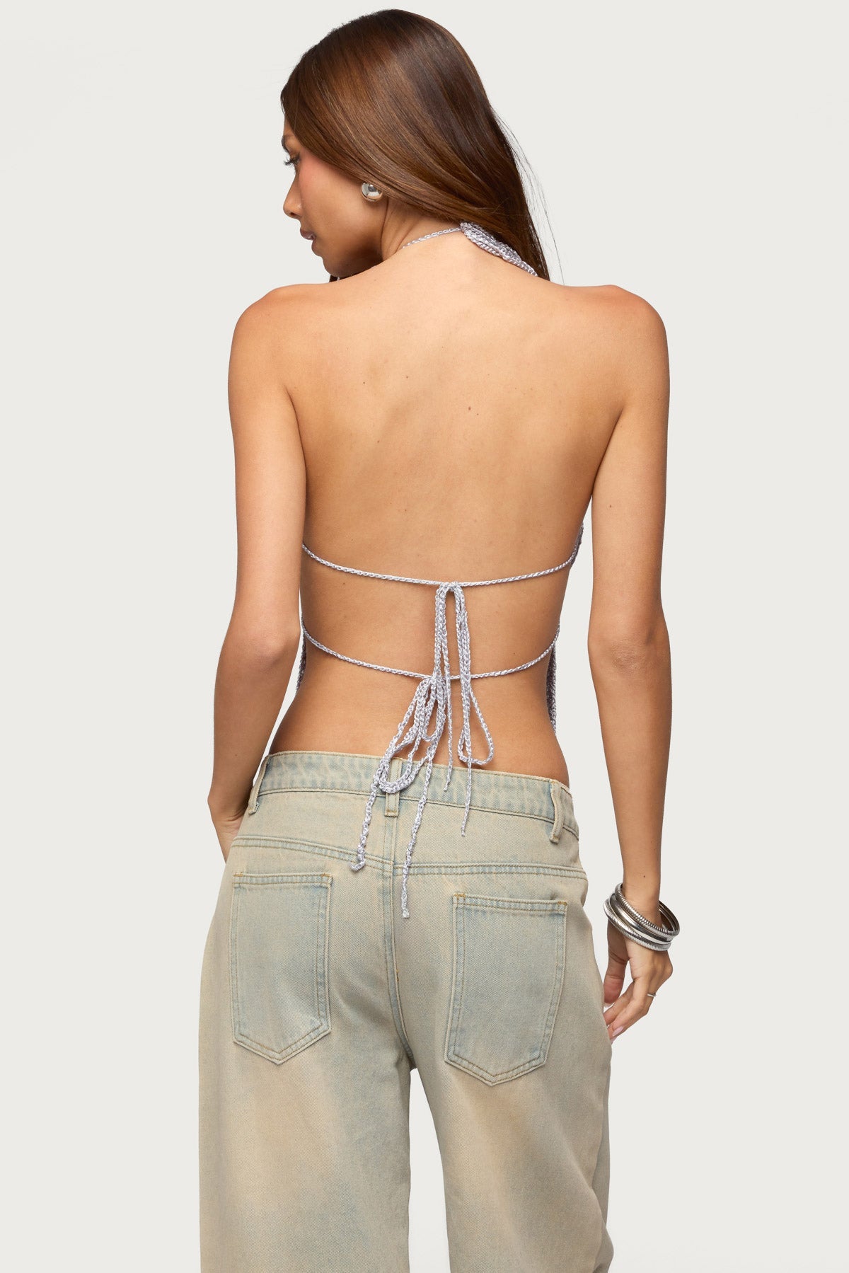 Thaly Backless Sequin Crochet Halter Top