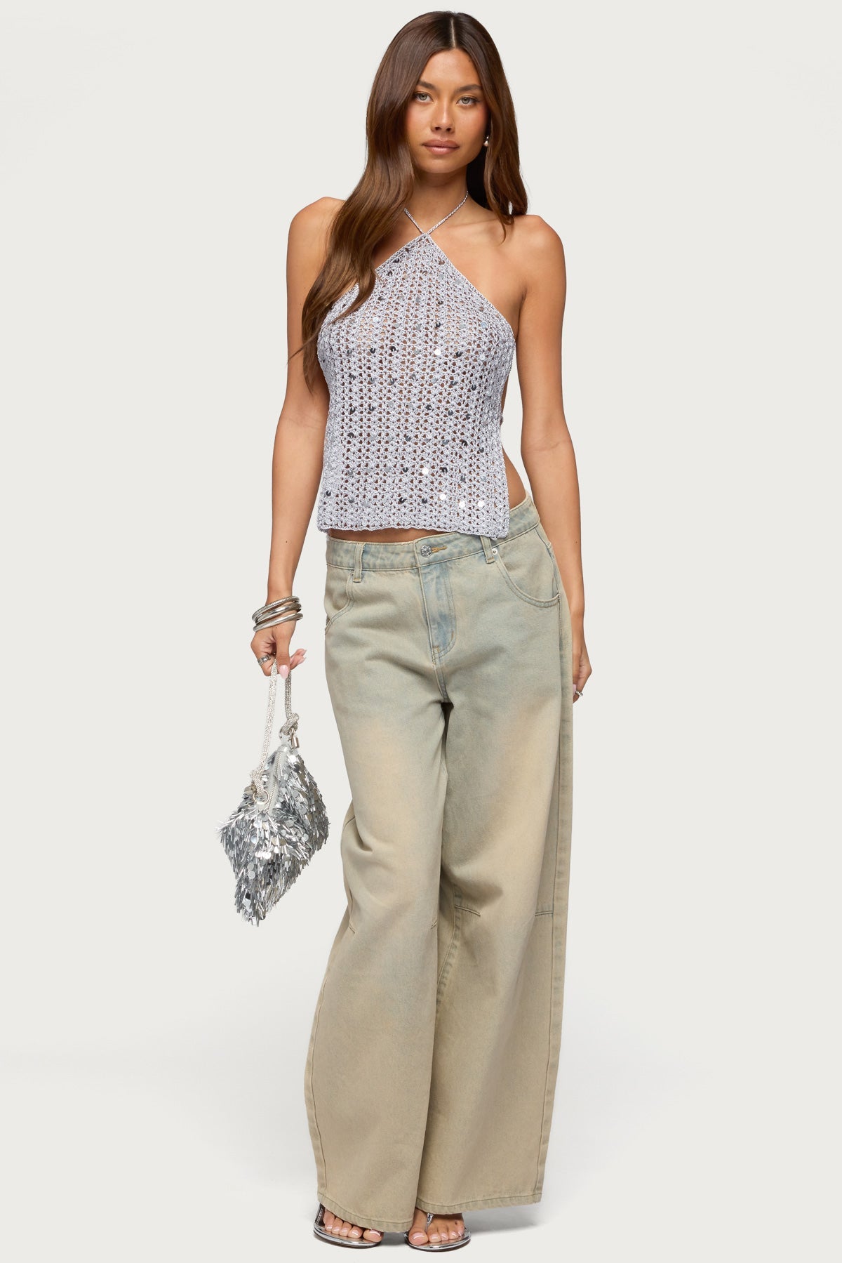 Thaly Backless Sequin Crochet Halter Top