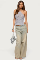 Thaly Backless Sequin Crochet Halter Top