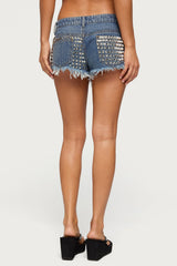 Studded Frayed Low Rise Denim Shorts