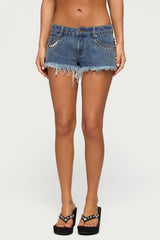 Studded Frayed Low Rise Denim Shorts