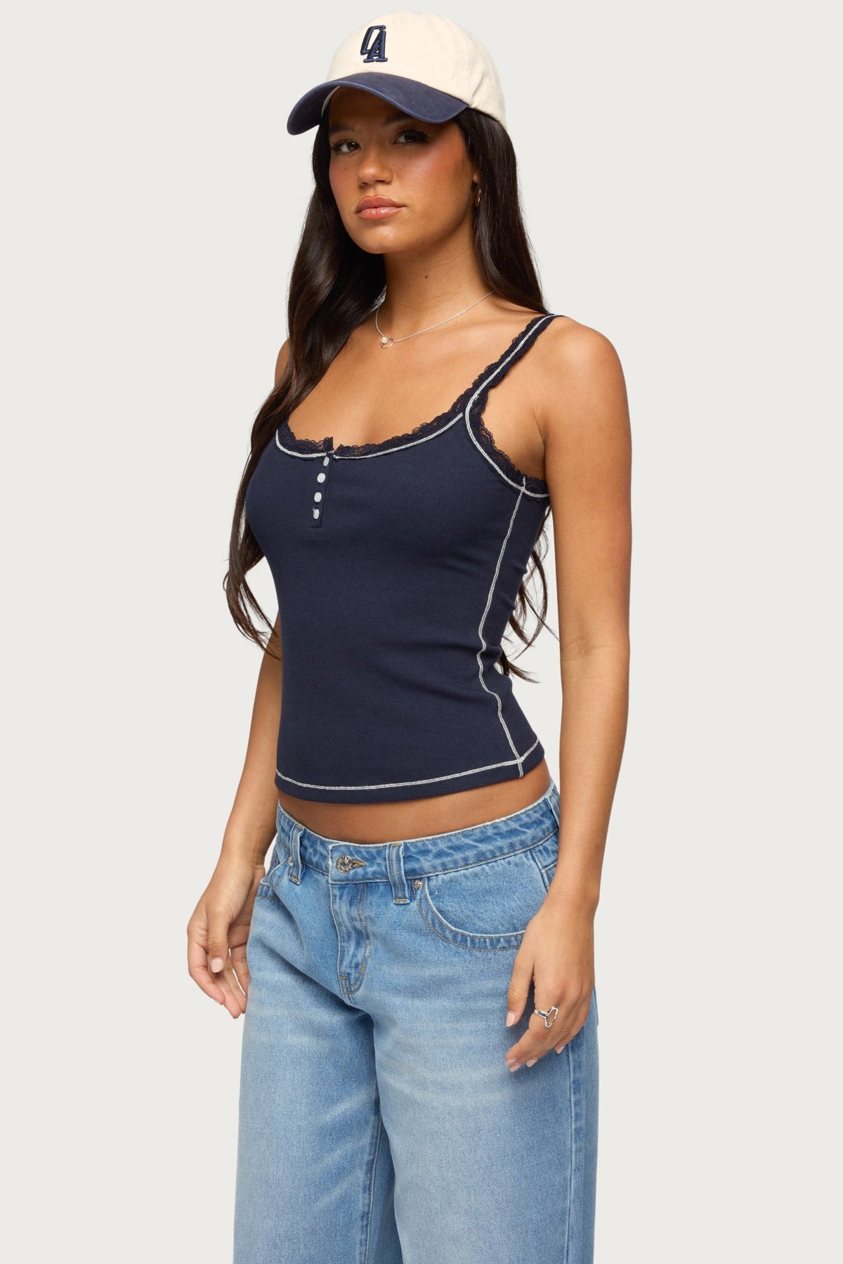 Contrast Stitched Lacey Henley Top
