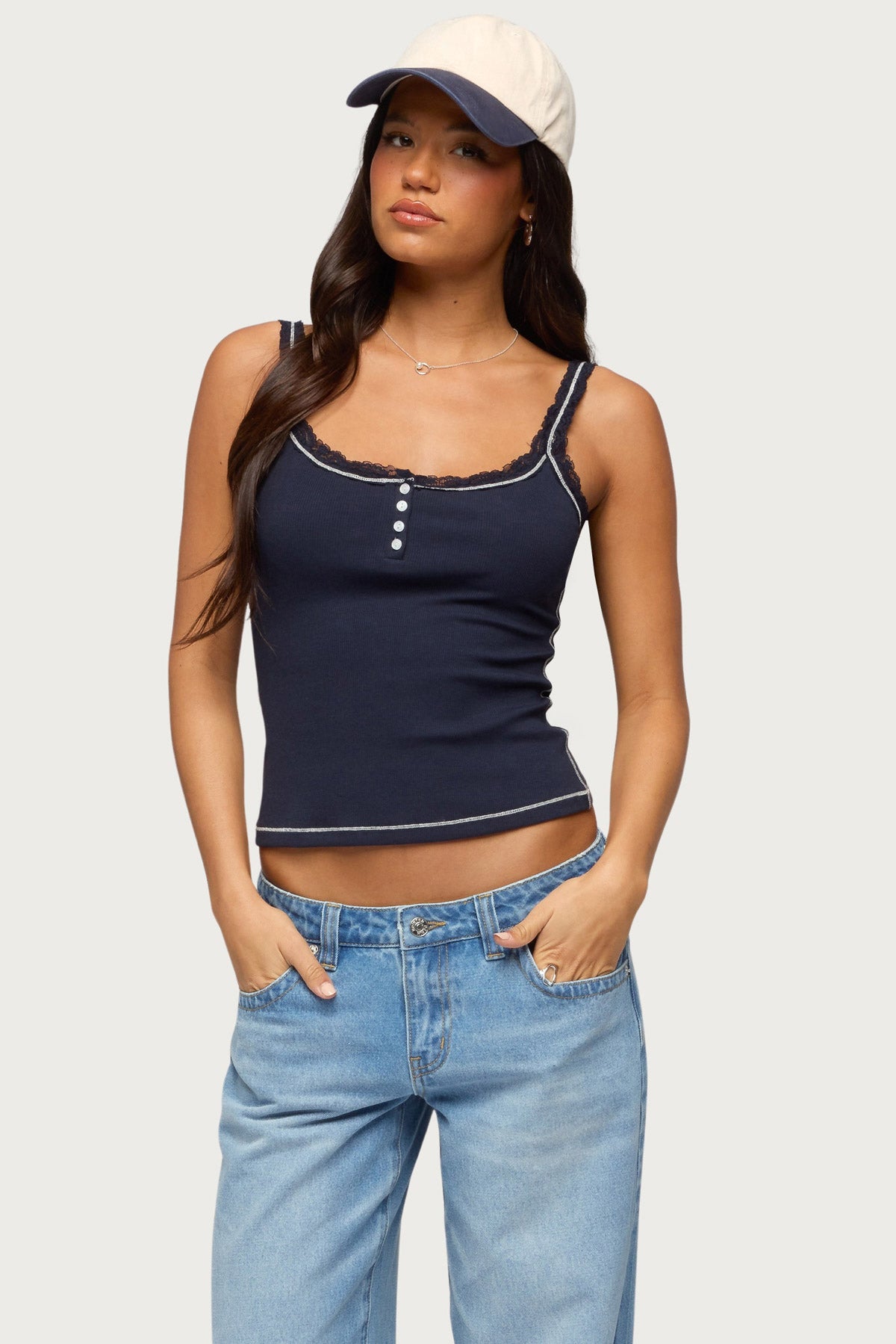 Contrast Stitched Lacey Henley Top