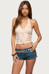 Catia Backless Sequin Mesh Halter Top
