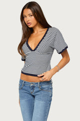 Primrosa Striped V Neck Flutter Top