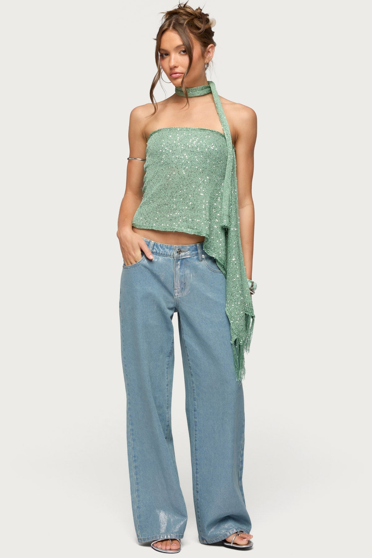 Two Piece Shiny Knit Scarf Top