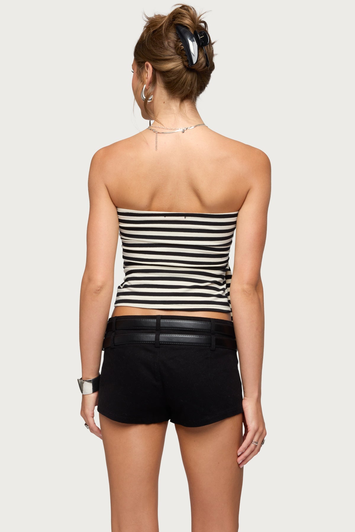 Finly Striped Tie Front Strapless Top