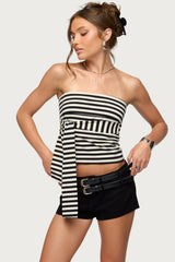 Finly Striped Tie Front Strapless Top