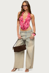 Floral Mesh Backless Cowl Neck Top