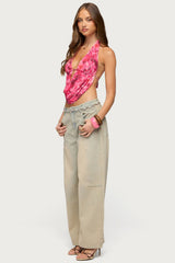 Floral Mesh Backless Cowl Neck Top