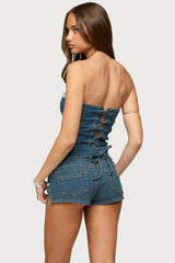 Zenna Beaded Strapless Denim Corset