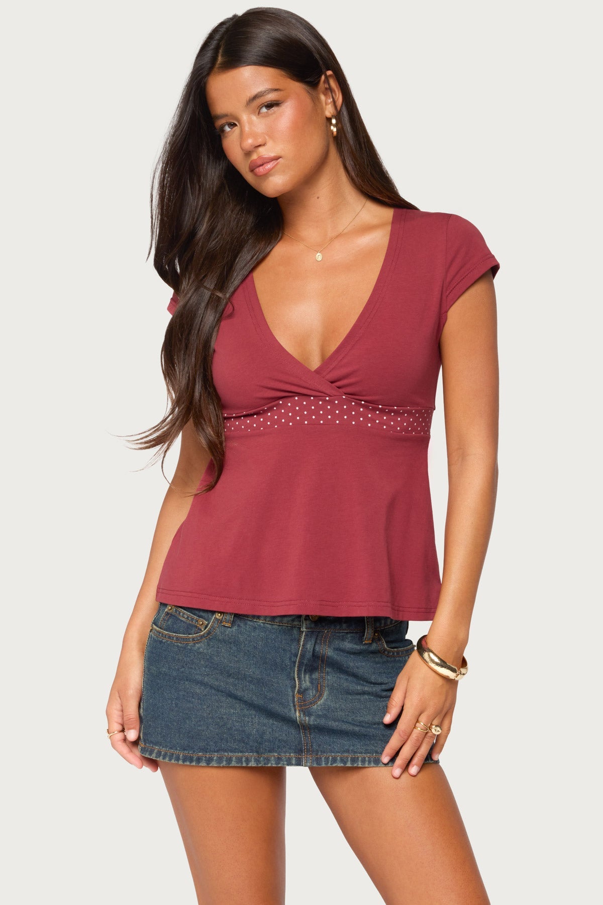 Indygo Polka Dot V Neck Top