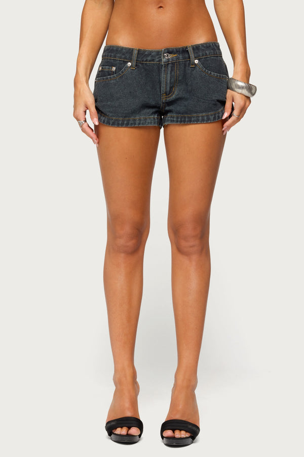 Pleated Low Rise Denim Micro Shorts