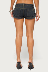 Pleated Low Rise Denim Micro Shorts