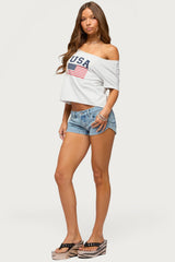 Pleated Low Rise Denim Micro Shorts