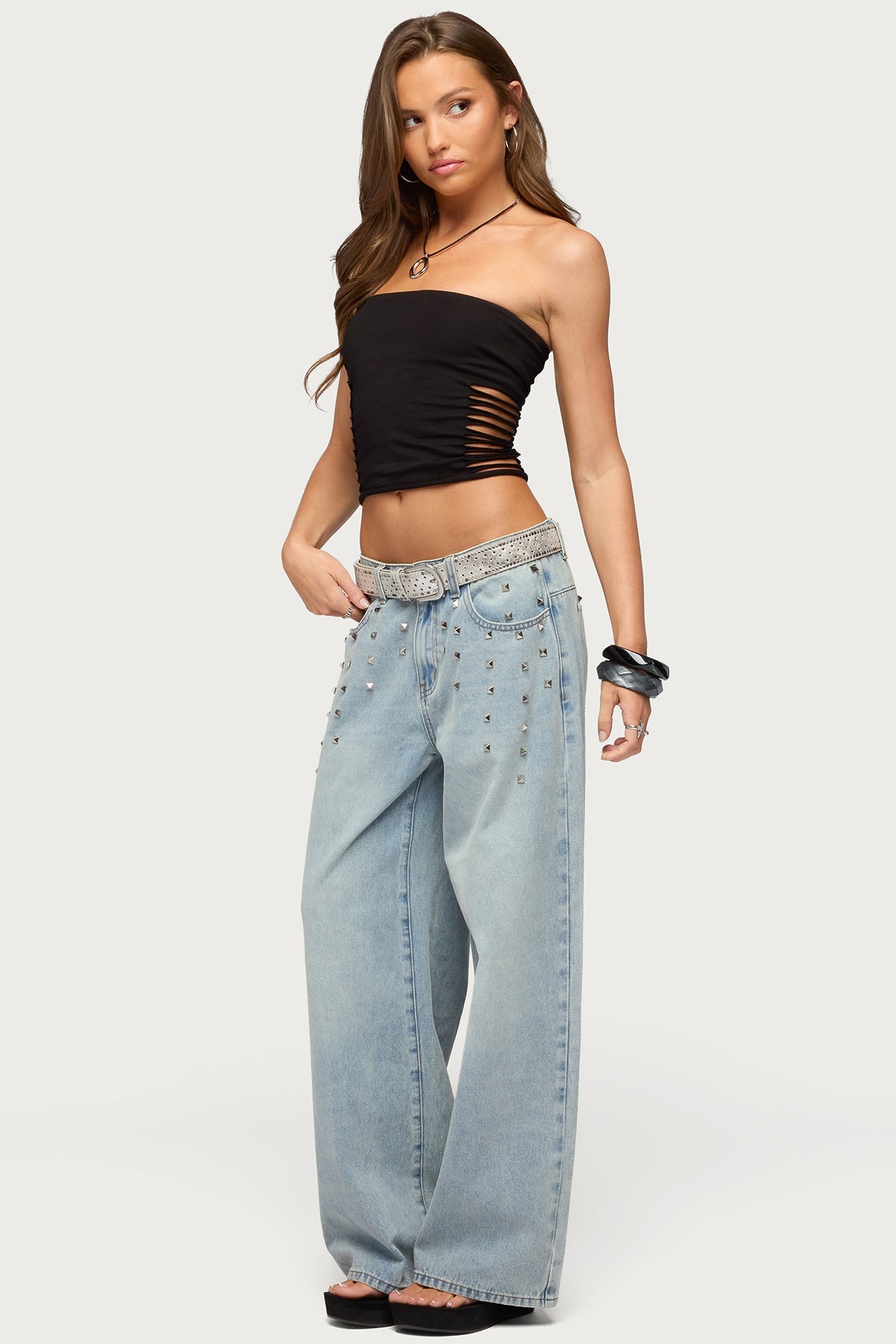 Oaklee Studded Low Rise Baggy Jeans