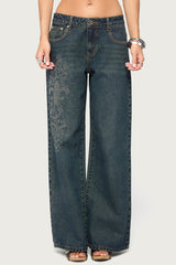 Rhinestone Graphic Low Rise Baggy Jeans