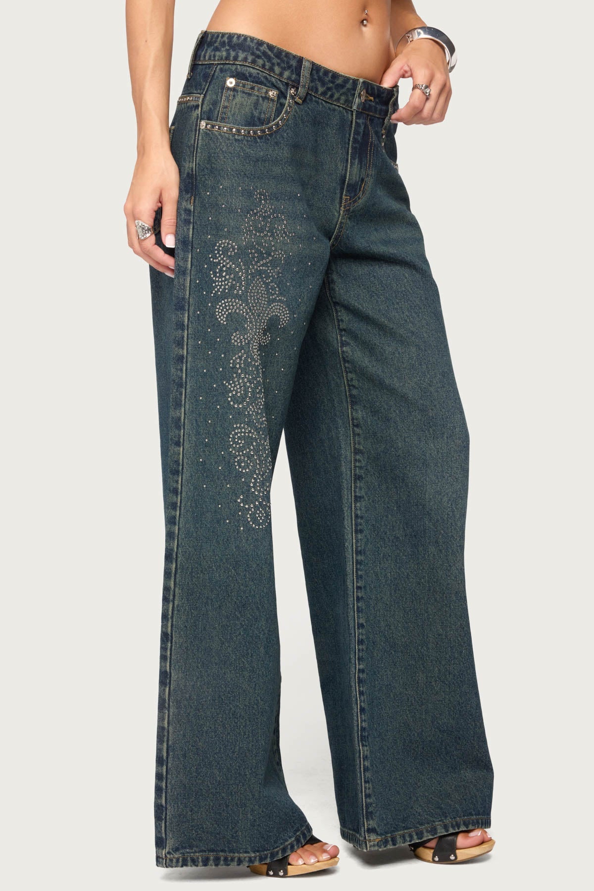 Rhinestone Graphic Low Rise Baggy Jeans