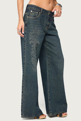 Rhinestone Graphic Low Rise Baggy Jeans