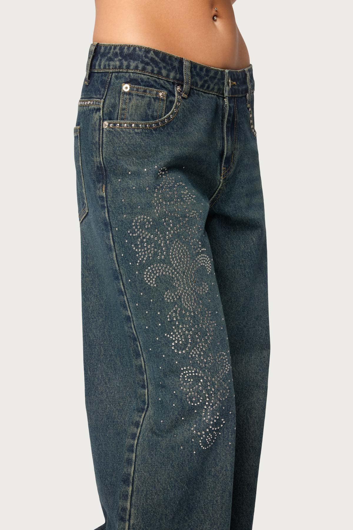 Rhinestone Graphic Low Rise Baggy Jeans