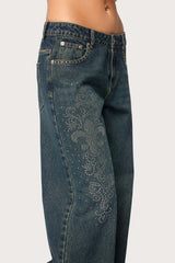 Rhinestone Graphic Low Rise Baggy Jeans