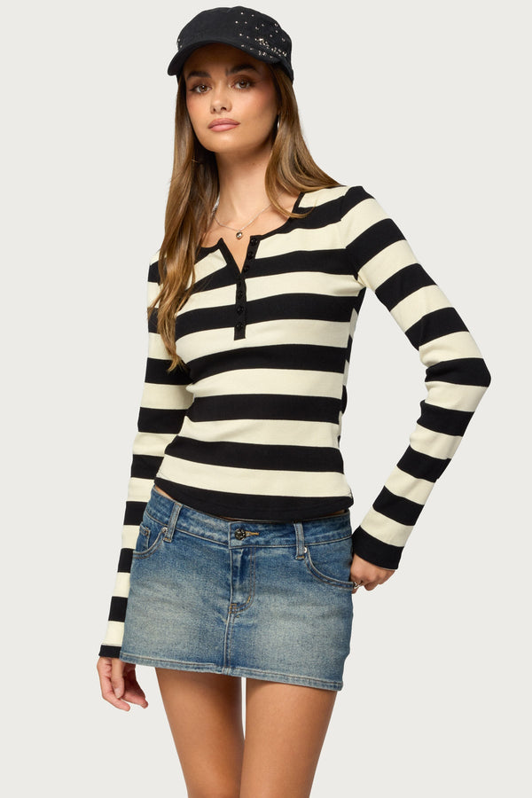 Dea Striped Long Sleeve Henley T Shirt view 1
