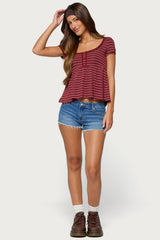 Jina Lacey Striped Babydoll Henley Top