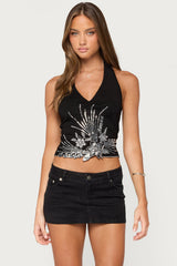 Aelixa Floral Sequin Halter Top
