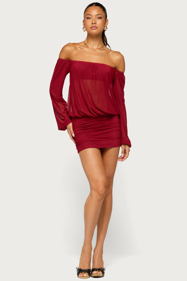 Jorie Sheer Mesh Off Shoulder Bubble Dress