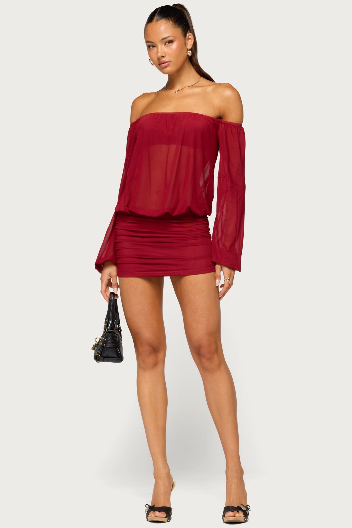 Jorie Sheer Mesh Off Shoulder Bubble Dress