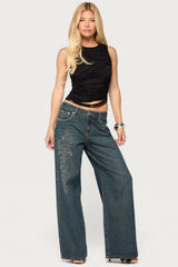 Rhinestone Graphic Low Rise Baggy Jeans