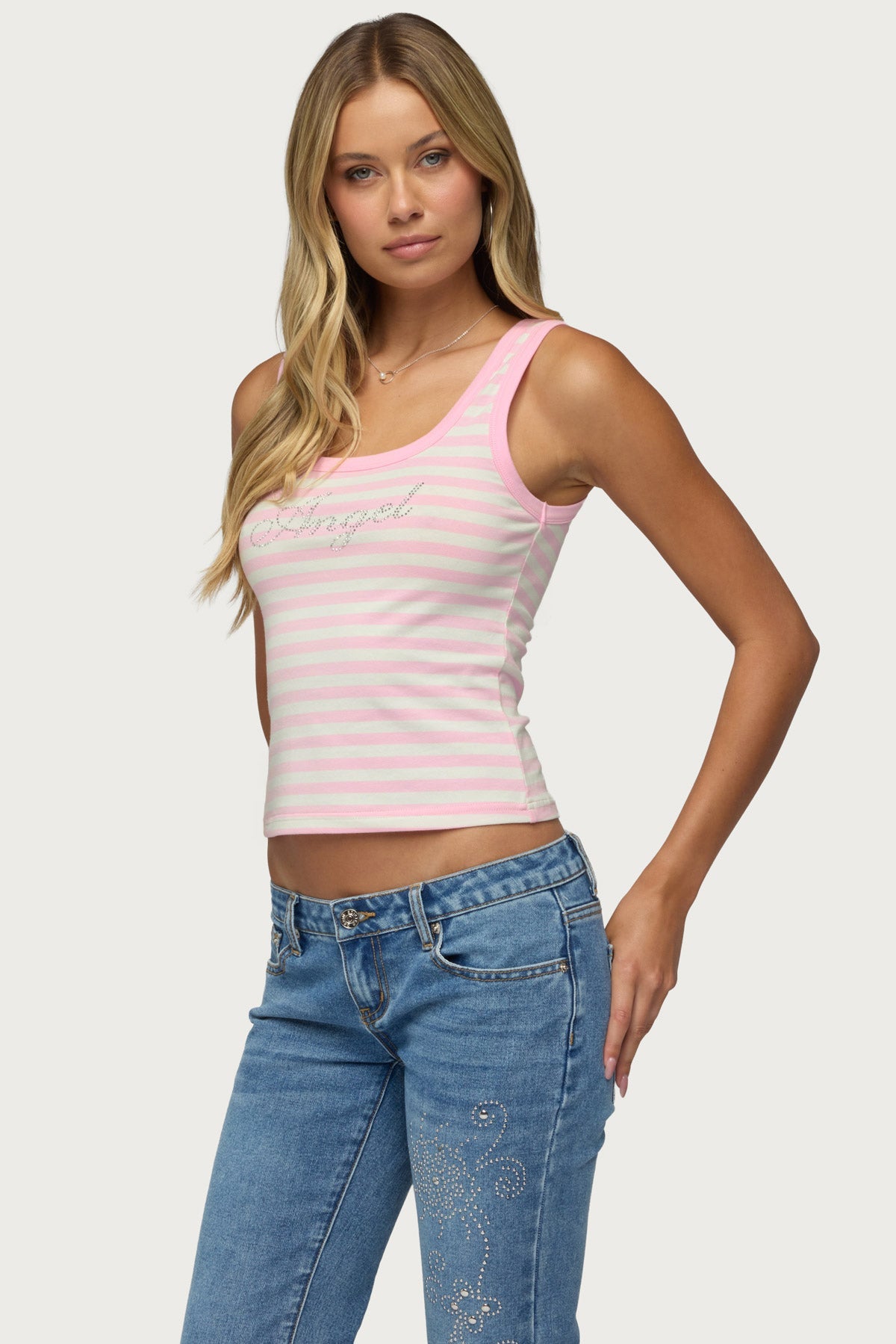 Angel Glow Rhinestone Striped Tank Top
