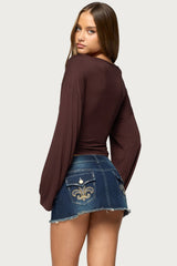 Bebe Ruched Long Sleeve V Neck Top