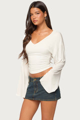 Bebe Ruched Long Sleeve V Neck Top