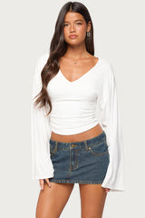Bebe Ruched Long Sleeve V Neck Top