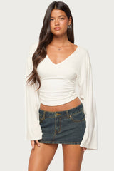 Bebe Ruched Long Sleeve V Neck Top