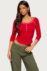 Jaeva Three-Quarter Sleeve Henley Top