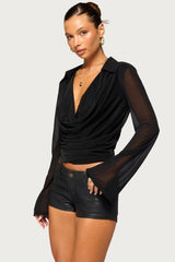 Paela Mesh Cowl Neck Long Sleeve Top