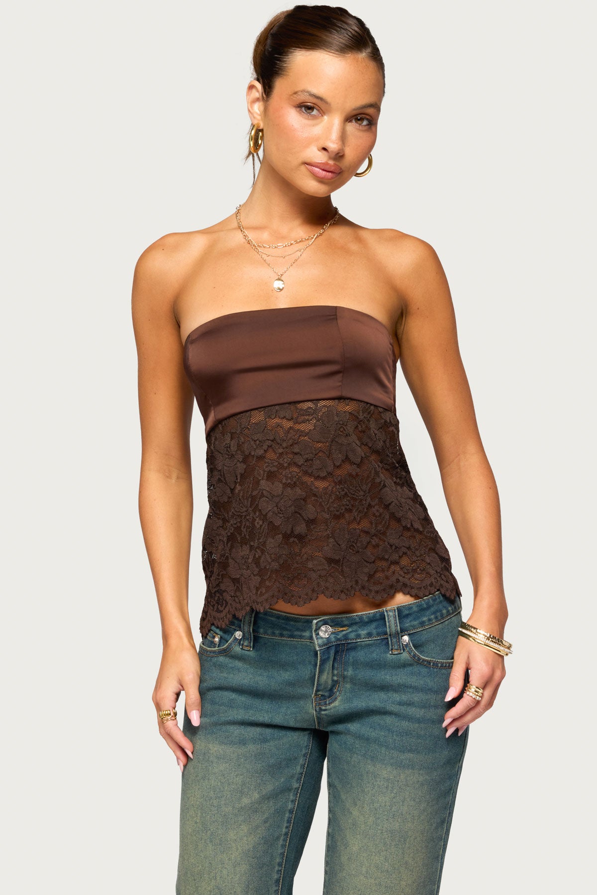 Laely Lacey Satin Effect Strapless Top