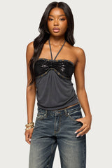 Destiney Sequin And Grommet Halter Top