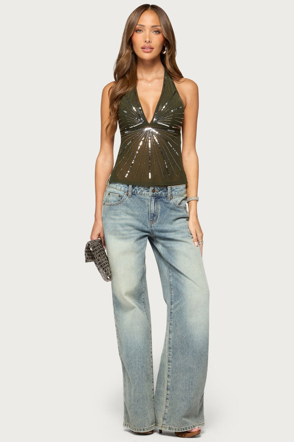 Livsy Sequin Mesh Backless Halter Top